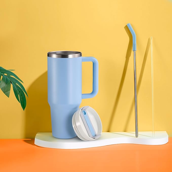 KooK Stainless Steel Tumbler, with Straw and Handle, Leakproof, Vacuum Insulated Travel Coffee Mug, Reusable Double Walled Water Bottle, Keeps Hot or Cold, 40 oz, Sky Blue - Bloomnest