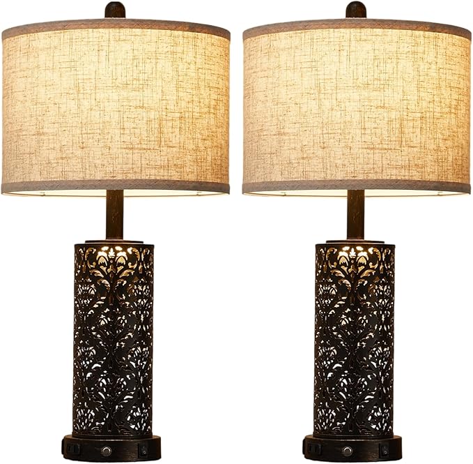 26" Set of 2 Farmhouse Table Lamp, 3-Way Dimmable Touch Control with Nightlight, 2 USB Ports + AC Outlet Vintage Rustic Bedside Lamp for Living Room Bedroom and Nightstand (Black-2 Pack) - Bloomnest