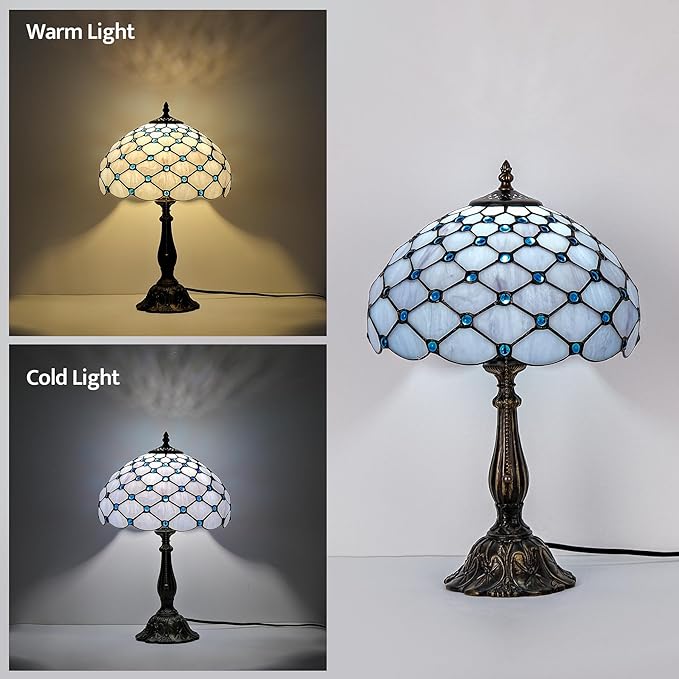 Tiffany Lamp Vintage White Grey Stained Glass Bead Table Lamp Desk Bedside Reading Light Decor Bedroom Living Room Home Office D12*H18 Inches - Bloomnest