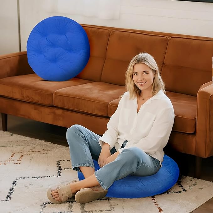 Meditation Floor Pillow Set of 2, Round Large Pillows Seating for Adults, Tufted Corduroy Cushion for Tatami Living Room, 22x22 Inch FP-Dblue-R