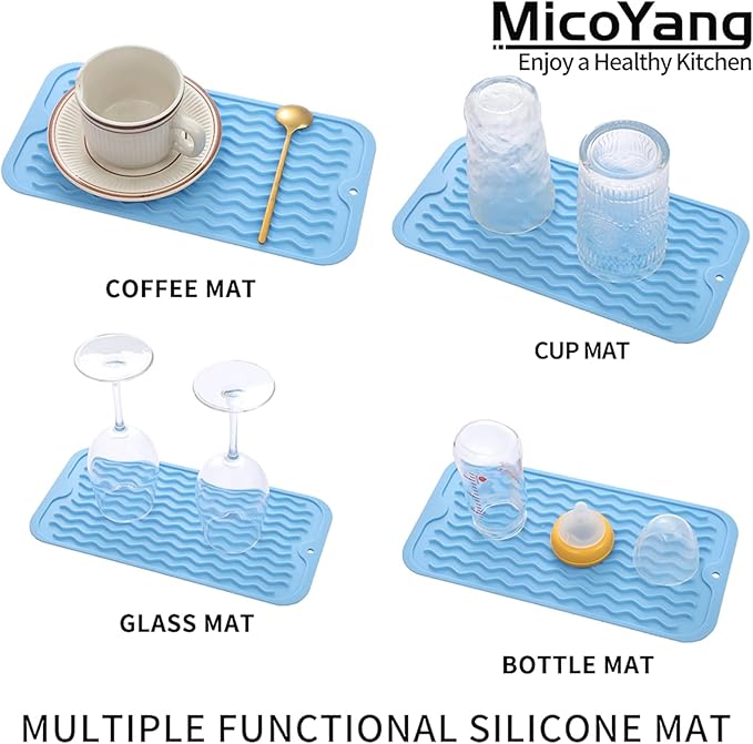 Silicone Dish Drying Mat for Multiple Usage,Easy clean,Eco-friendly,Heat-resistant Silicone Mat for Kitchen Counter or Sink,Refrigerator or Drawer Liner Light Blue S 12 inches x 6 inches - Bloomnest