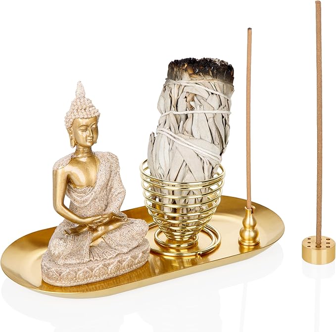 ZenBless 6 in 1 Incense Holder - Palo Santo, Buddha Statue, Sage & Incense Burner Holder for Sticks/Coil/Cones, Gold Oval Ash Catcher - Bloomnest
