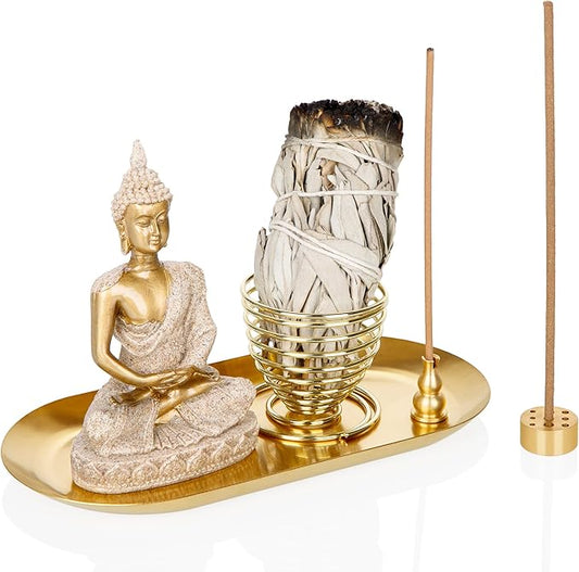 ZenBless 6 in 1 Incense Holder - Palo Santo, Buddha Statue, Sage & Incense Burner Holder for Sticks/Coil/Cones, Gold Oval Ash Catcher - Bloomnest