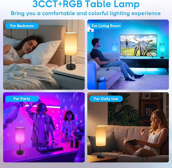 Unicozin 17Inch Table Lamp, 3 CCT 3000K/4500K/6500K & RGB Color Changing, Stepless Dimmable Bedside Lamp for Reading, Ambience Nightstand Light for Home Decor Party, Beige Shade - Bloomnest