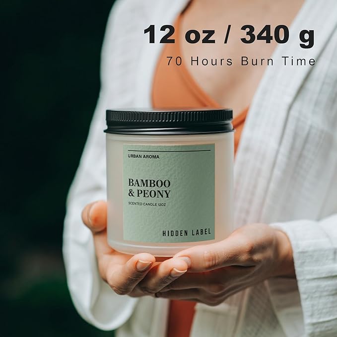 Hidden Label Bamboo Peony Scented Candle, 12oz 2 Wick Natural Soy Non Toxic Candles, Clean Burning Long Lasting Aromatherapy for Home | Gifts | Décor,Premium Scents for Relaxation & Stress Relief - Bloomnest