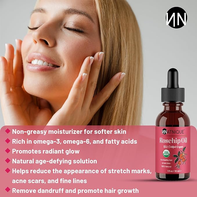 Natnique Organic Rosehip Seed Oil, 1 oz – USDA Certified Cold-Pressed Moisturizer for Face, Skin & Hair – Natural Hydrating Serum for Wrinkles & Fine Lines – Ideal for Gua Sha Massage & Radiant Glow - Bloomnest