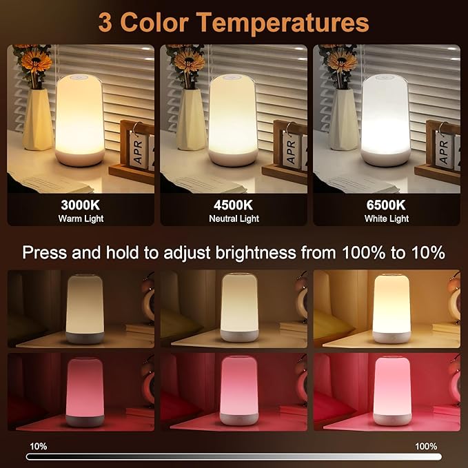 FRIDEKO HOME 2 Pack RGB Touch Bedside Lamp for Nightstand, 3 Color Temperatures Rechargeable Battery Night Light, Dimmable Mood Lighting for Bedroom Living Room Nursery, Breastfeeding, Kids, Adult - Bloomnest