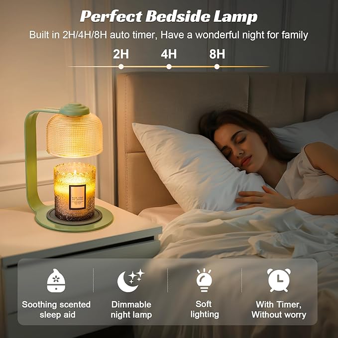 Candle Warmer Lamp with Clear Glass Globe and Timer & Dimmable Light - Jar Candle Melter Green Minimalist Metal Frame, Home Decor Gift Set (Includes 2 Bulbs) - Bloomnest
