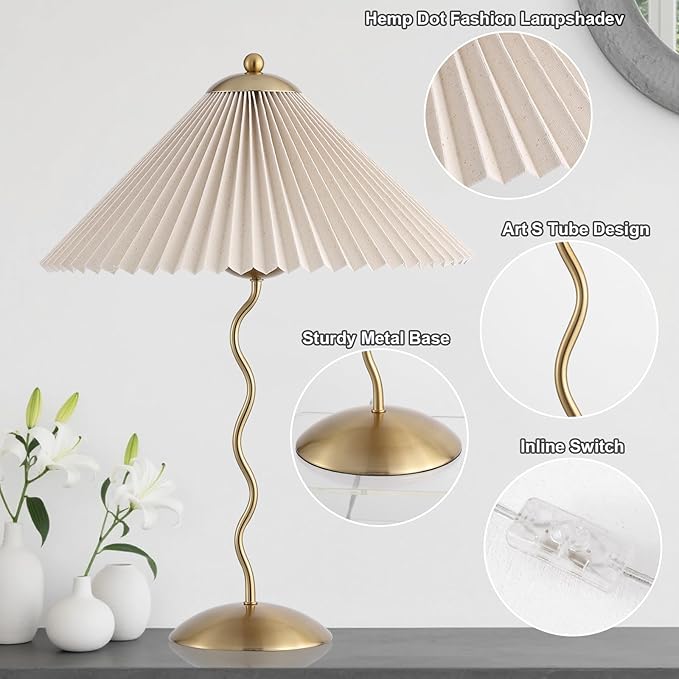 Pleated Table Lamp, S Tube Modern Table Lamp for Bedroom, Bedside Lamps with Organic Textured Linen Lampshade for Nightstand Bedroom Home Office Decor, Gold - Bloomnest