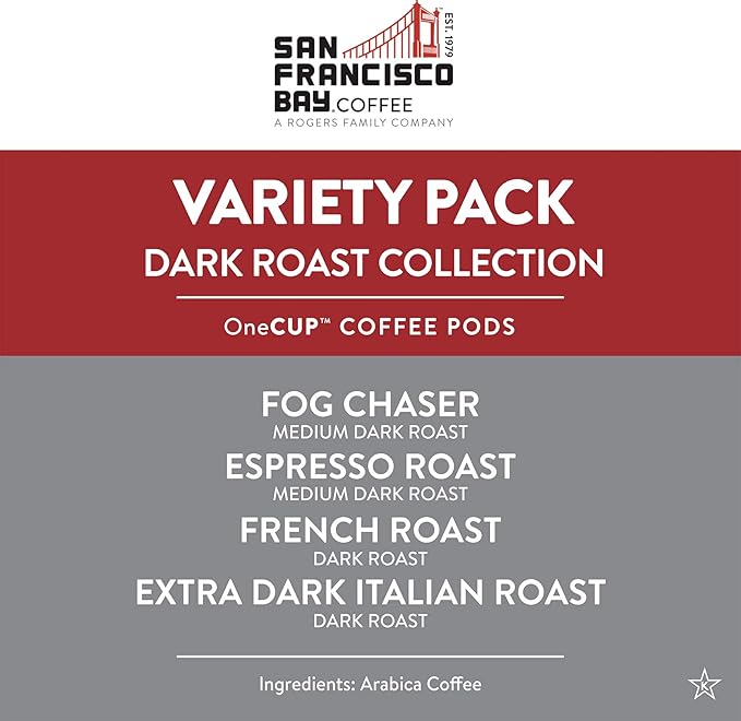 San Francisco Bay Coffee - Dark Roast Variety Pack (40 ct) - Fog Chaser, Espresso Roast, French Roast, & Extra Dark Italian - Single Serve Coffee Pods, Commercially Compostable, K Cup Compatible - Bloomnest