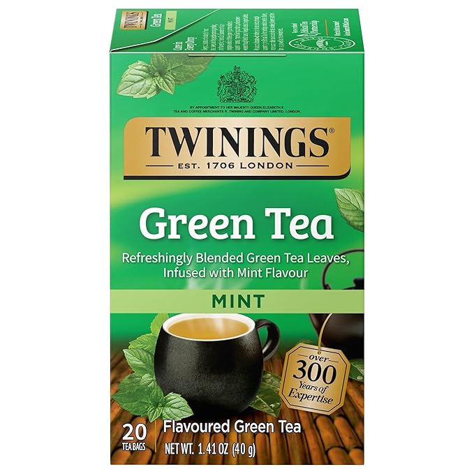 Twinings Green Tea with Mint Individually Wrapped Bags, 20 Count (Pack of 1), Invigorating Aroma, Caffeinated, Enjoy Hot or Iced, 20 Teabags - Bloomnest