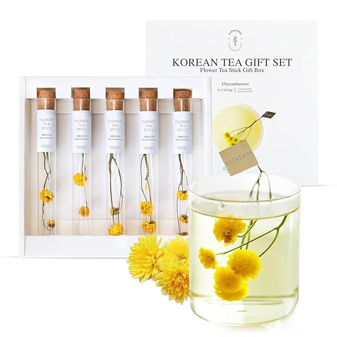 KKOKDAM Tea Gift Set - Chrysanthemum Blooming Tea Flowers - Fancy Korean Gifts For Teas Lovers - 5 Premium Flower Sticks - Bloomnest
