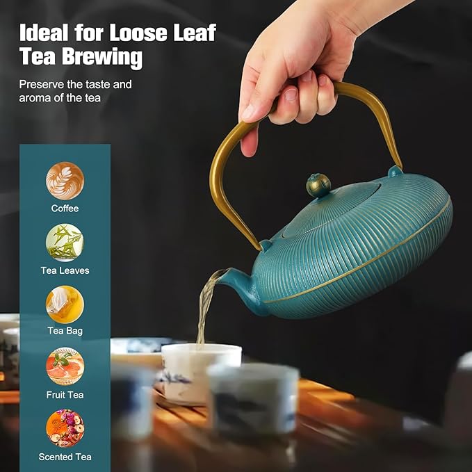 Green Cast Iron Teapot Large Capacity 40oz/1200ml with Infuser for Loose Leaf Stovetop Safe Vertical Stripe Flat Tea Kettle, Enameled Interior - Bloomnest
