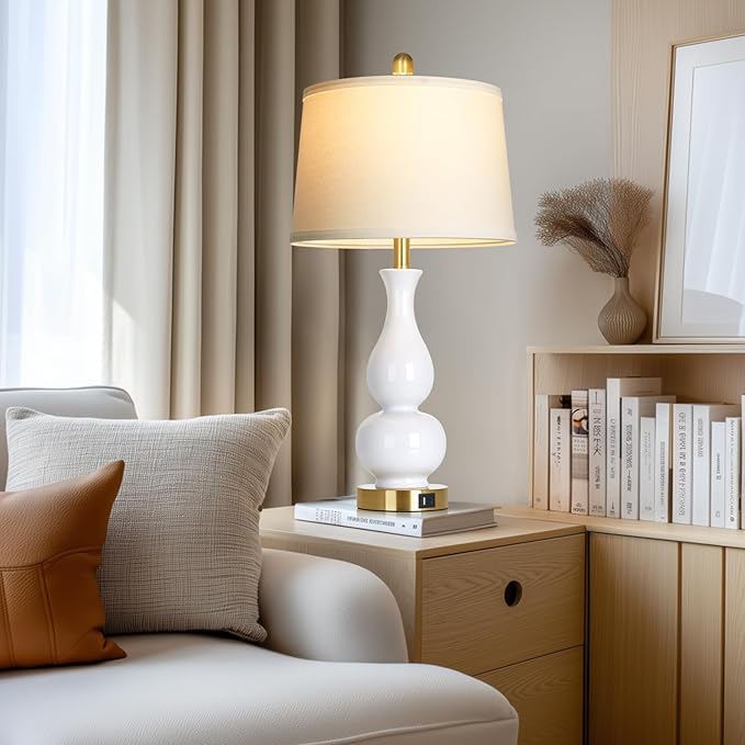27" Double Gourd Ceramic Table Lamps Set of 2, Modern White Bedroom Lamp with USB A+C Ports, Elegant Bedside Lamp for Nightstand, Tall Lamps for Living Room Side End Table Home Decor - Bloomnest