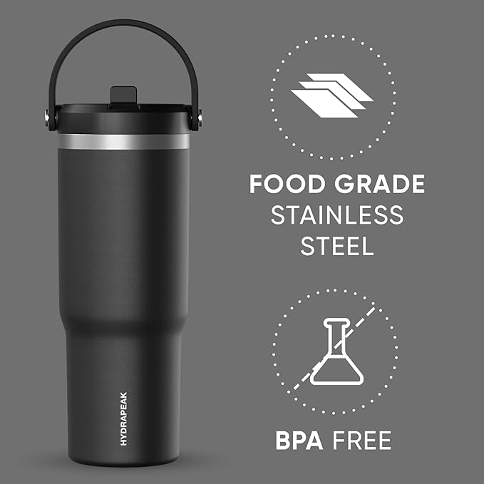 Hydrapeak Nomad 32 oz Tumbler with Handle and Straw Lid, Leakproof, Double Insulated, 32oz Cup, Stainless Steel | Black - Bloomnest