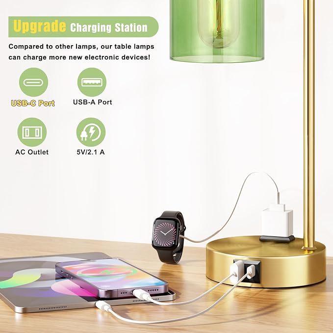 Innqoo Industrial Green Table Lamps for Bedrooms Set of 2-3-Way Dimmable Desk Lamp with USB C+A Ports and Outlet, Gold Lamps with Green Glass Shade for Living Room - Bloomnest