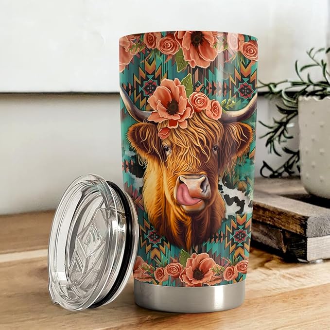 Highland Cow Tumbler 20oz Stainless Steel Insulated Coffee Travel Mug Cup for Women Girls Cows Lovers Cow Gifts for Birthday Christmas Mothers Day - Bloomnest
