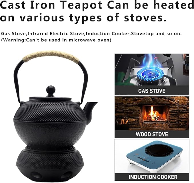 YJX 40.6oz Cast Iron Teapot Set with Warmer, Japanese Tea Set for Stovetop, 1200ml Black Tea Pot and Tea Cups Set, Tea Kettle with Infuser for Loose Leaves, Enameled Asian Teapot Sets for Adults - Bloomnest