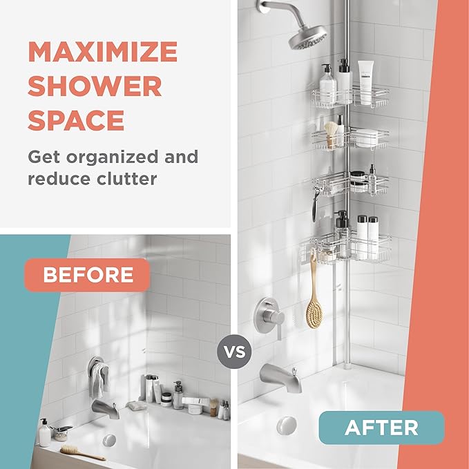 Zenna Home Tension Pole Shower Caddy Corner Organizer, Adjustable Standing Shower Caddy with 4 L-shaped Baskets and Hooks, Rust Resistant Bathroom Tension Rod Organizer, 60 to 97 Inch, Satin Nickel - Bloomnest