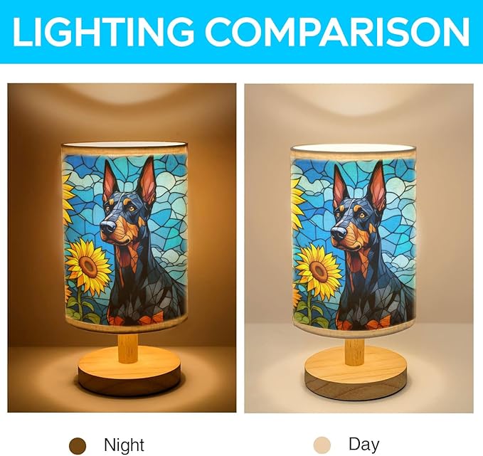 Doberman Table Lamp LED 3-Color Pressed Bedside, Dog Shade Lamp with Wood Base for Bedroom Living Room Desk Office - Bloomnest
