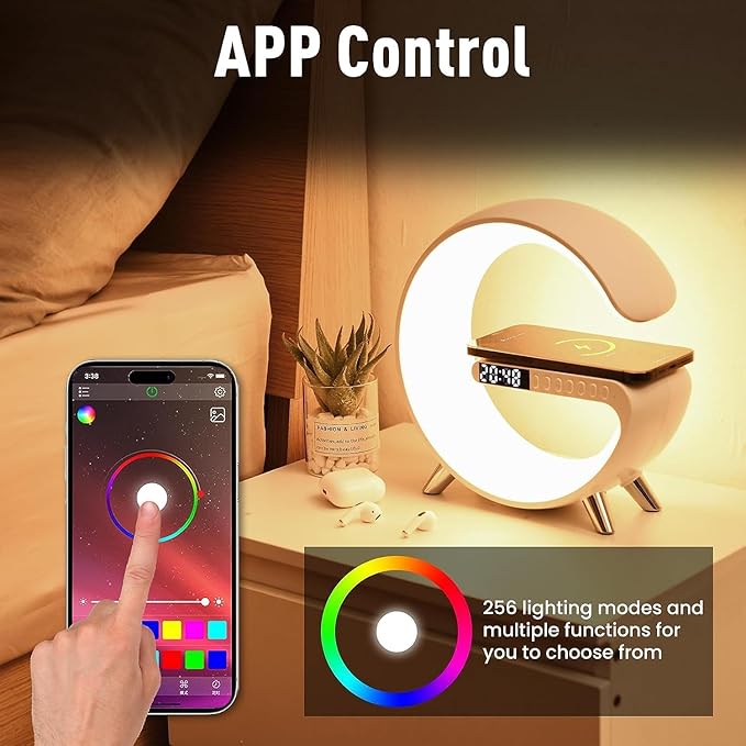 Smart LED Table Lamp, 4-in-1 Wireless Charger, Night Light, Alarm Clock, and Bluetooth Speaker with App Control for Bedroom, Office, and Home Decor (White) - Bloomnest