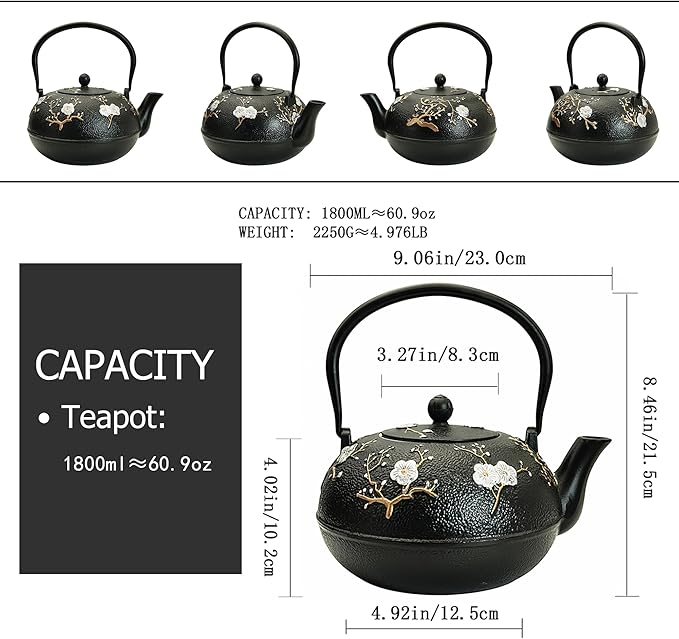 YJX 60.9oz Large Cast Iron Teapot for Stovetop, Japanese Tetsubin, Heavy and Durable Tea Pot, Tea Kettle with Stainless Steel Infuser for Loose Tea, Floral Pattern(1800ML) - Bloomnest