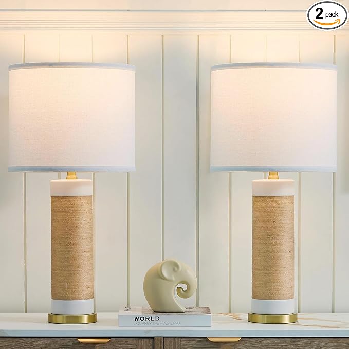 25.75” Rattan Ceramic Lamps for Living Room Set of 2, Farmhouse Table Lamp for Nightstand, White Lamps Set of 2 for Bedroom, Boho Ceramic Table Lamp for End Table - Bloomnest