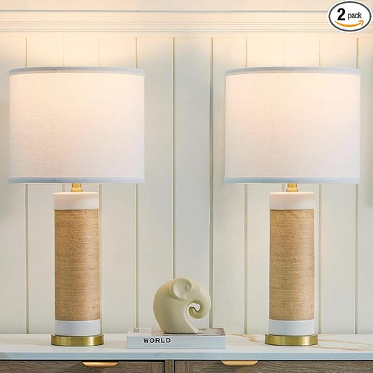 25.75” Rattan Ceramic Lamps for Living Room Set of 2, Farmhouse Table Lamp for Nightstand, White Lamps Set of 2 for Bedroom, Boho Ceramic Table Lamp for End Table - Bloomnest