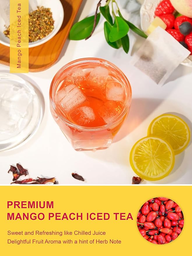TeeLux Mango Peach Iced Tea, Rosehips Tea with Hibiscus & Chamomile & Lemon Balm, Refreshing Tart & Sweet Taste, Caffeine Free, 100 Count - Bloomnest