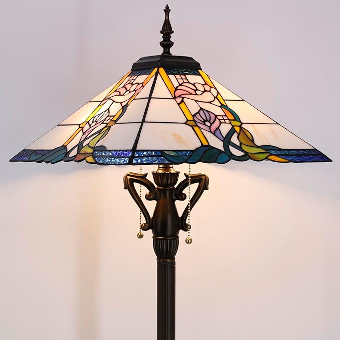 Tiffany Floor Lamp Pink Flower Mission Style Stained Glass Standing Reading Light 16X16X64 Inch - Bloomnest