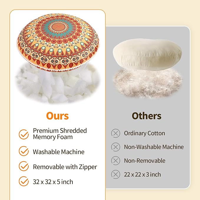 32 inches Meditation Floor Cushion for Adults, Round Large Thick Floor Pillow, Memory Foam Filling, Orange