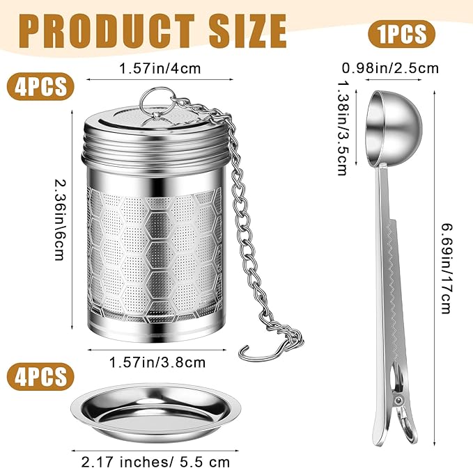 Umigy 4 Pcs Tea Infuser Strainers for Loose Tea with Scoop, Extra Fine Mesh Steeper 304 Stainless Steel Diffuser Leaf Holder with Extended Chain Hook for Brew, Spices, Seasoning - Bloomnest