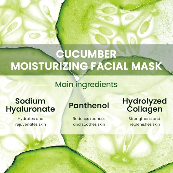 8 Pack Cucumber Face Sheet Mask Skincare,Hydrating Face Mask For Sensitive Skin,Moisturize,Soothing,Nourish for All Skin Types,Natural Spa Party Facial Mask Skincare Set for Women Men - Bloomnest