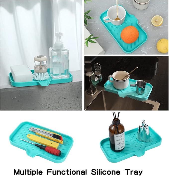 Silicone Bathroom Soap Dishes with Drain Spout-Bathroom and Kitchen Sink Organizer,Sponge Holder,Dish Soap Tray,Perfect for Dispenser,Scrubber,Bottle,Cup on Sink or Counter-Mint 9.6"×5.3" - Bloomnest