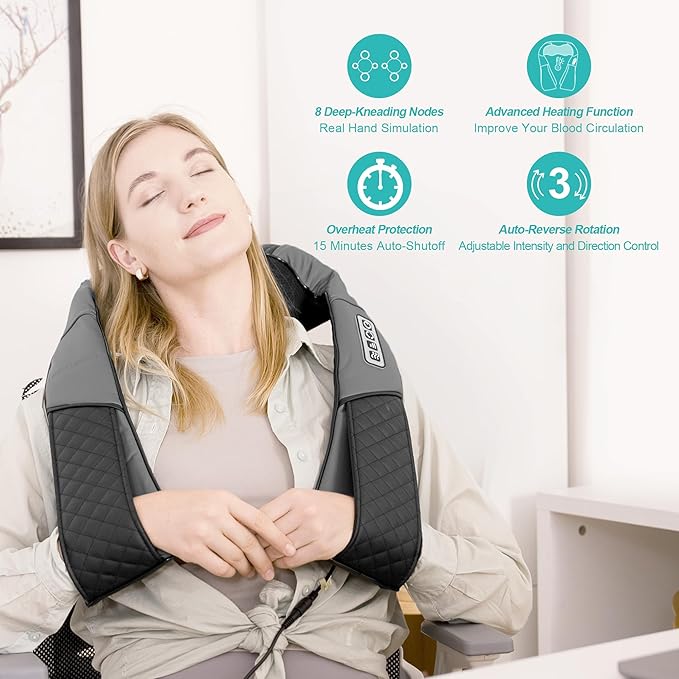 Medcursor Neck Massager, Portable Electric Shiatsu Back Massage Device with Heat, Deep Tissue 3D Kneading Pillow for Muscle Pain Relief (No Battery) - Bloomnest