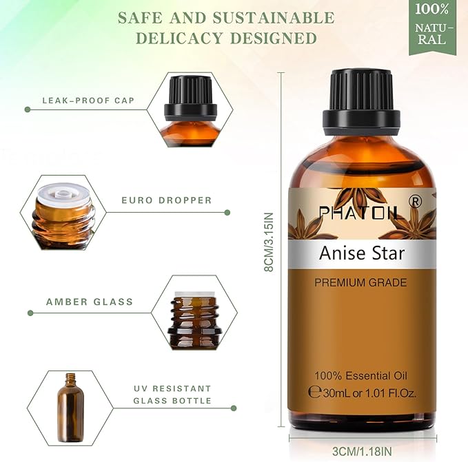 Anise Star 1.01fl.oz Essential Oil, PHATOIL Pure Aromatherapy Oils for Diffuser, Humidifier, Perfect for DIY Soap, Candle, Bath Bombs Making(30ml) - Bloomnest