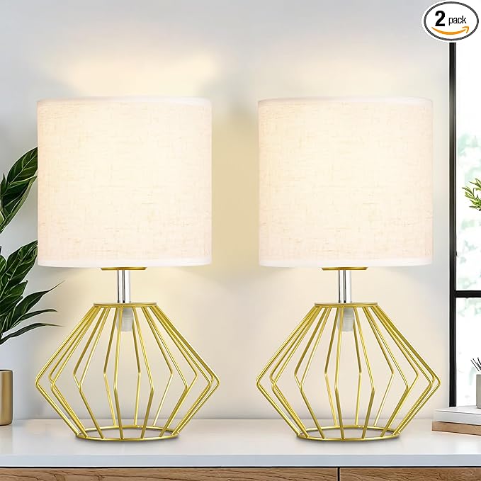 Hamilyeah Table Lamps Set of 2, Gold Bedside Lamps with On/Off Switch, Industrial Night Stand Lamps with Linen Beige Fabric Shade, Simple Modern Lamp for Bedroom, Living Room - Bloomnest
