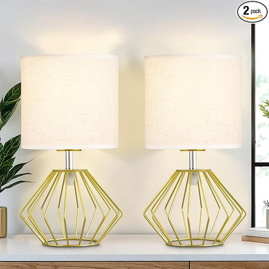 Hamilyeah Table Lamps Set of 2, Gold Bedside Lamps with On/Off Switch, Industrial Night Stand Lamps with Linen Beige Fabric Shade, Simple Modern Lamp for Bedroom, Living Room - Bloomnest