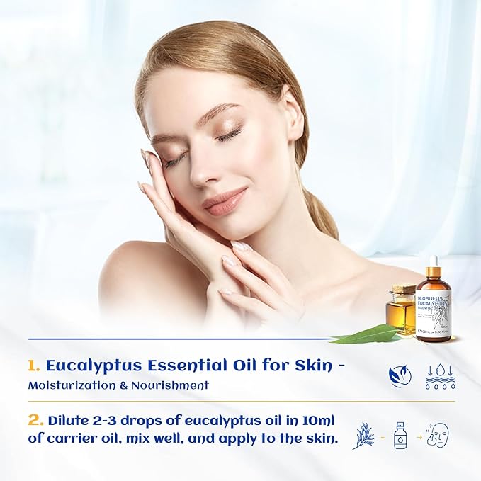 HIQILI 100ML Eucalyptus Essential Oil for Spray, Diffuser & Skin, 100% Pure Undiluted - 3.38 Fl Oz - Bloomnest