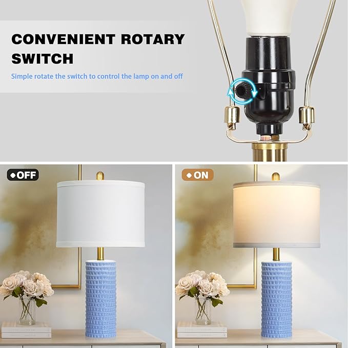 24.5" Table Lamp Set of 2, Modern Ceramic Bedside Lamps for Night Stands, Classic Small Lamp Nightstand Lamp for Bedroom Living Room Desk End Table Rotary Switch Blue - Bloomnest