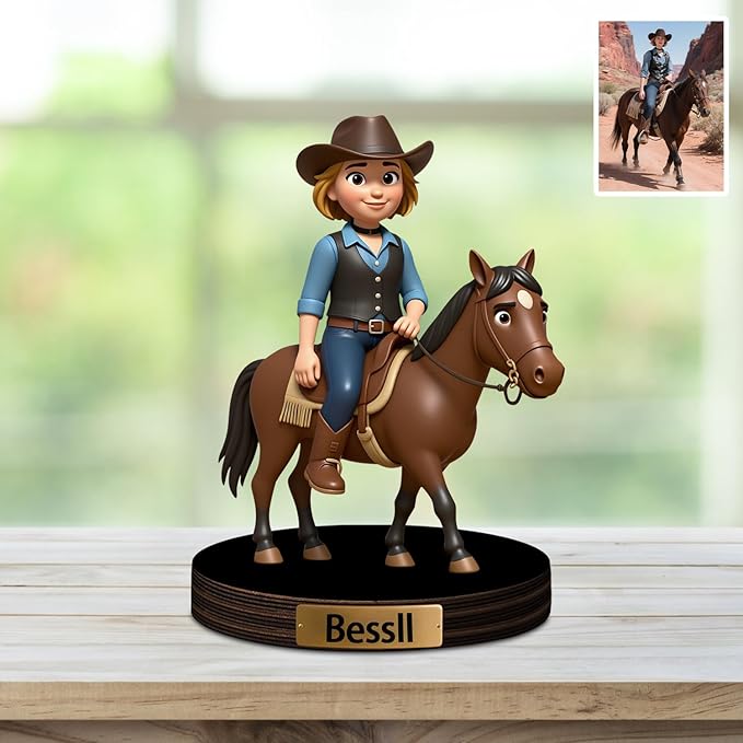 Custom Horse Equestrian Photo Cartoon Style Desk Decor with Wooden Base, Personalzied Horse Lover Cartoon Photo Picture Portrait Sculpture Frame Acrylic Sign Plaque Gifts for Women Men - Bloomnest