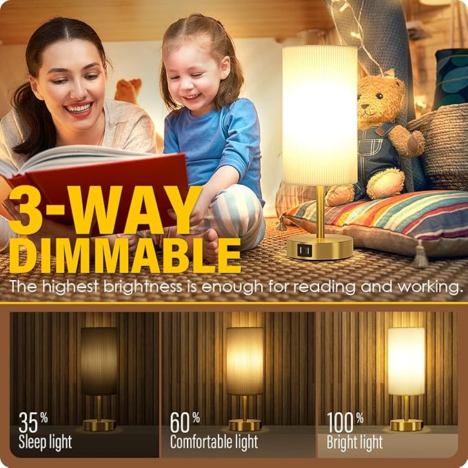 Bedside Lamp with USB port - Touch Control Table Lamp for Bedroom Wood 3 Way Dimmable Nightstand Lamp with Round Pleated Shade for Living Room, Dorm, Home Office (LED Bulb Included) (Pleated) - Bloomnest