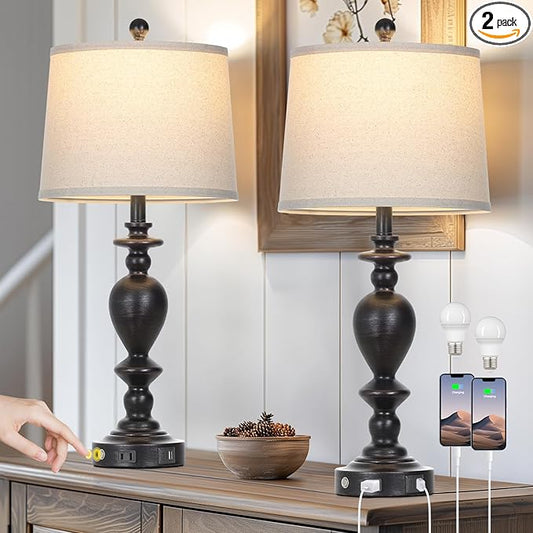 28" Black Farmhouse Table Lamps Set of 2 with USB C+A Ports & AC Outlet for Vintage Living Room Rustic Bedroom,3-Way Dimmable Touch Lamp Retro Resin Bedside Lamps for Nightstand Side Table - Bloomnest