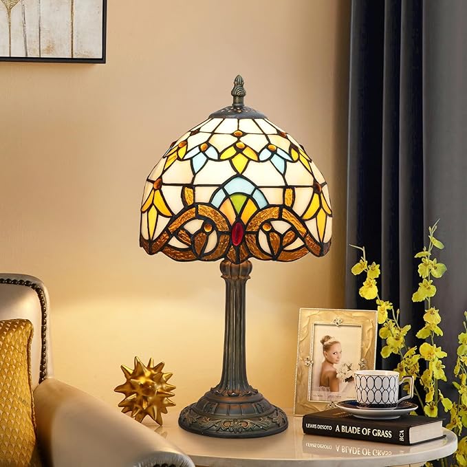 Tiffany Lamp Stained Glass lamp Small Bedside Table Lamps for Living Room Bedroom Dorm Kitchen Home Decor Festival Birthday Gift,Yellow Baroque - Bloomnest