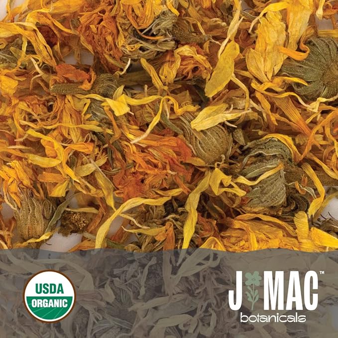 J Mac Botanicals, Organic Calendula Flower (4 ounce), whole dried flowers and petals, loose leaf tea, marigold flower, USDA Certified Organic. Great for loose leaf teas, cocktail bombs, salve - Bloomnest
