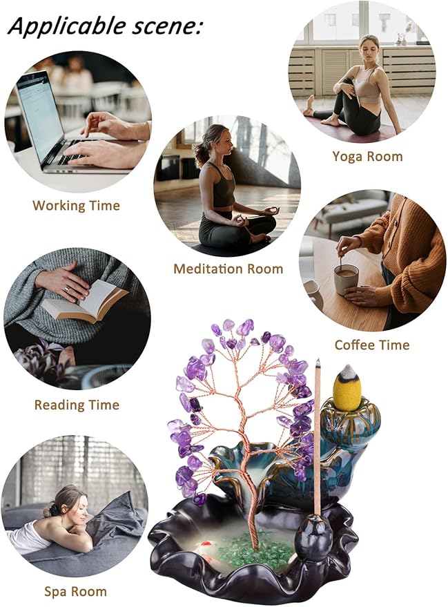 Jovivi Backflow Incense Burner Ceramic Incense Waterfall, Natural Amethyst Healing Crystal Money Tree Incense Holder for Wealth, Good Luck, Yoga Meditation, Home Decor - Bloomnest