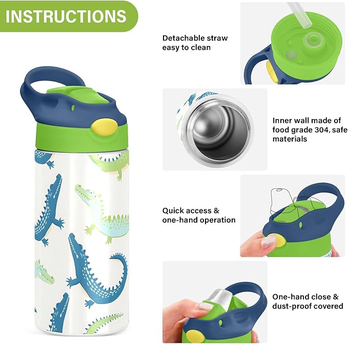 Alligator White Pattern Kids Water Bottle with Straw Lid Insulated Tumbler with Handle Stainless Steel Reusable Toddlers Cup for Kids Boys 12 oz - Bloomnest