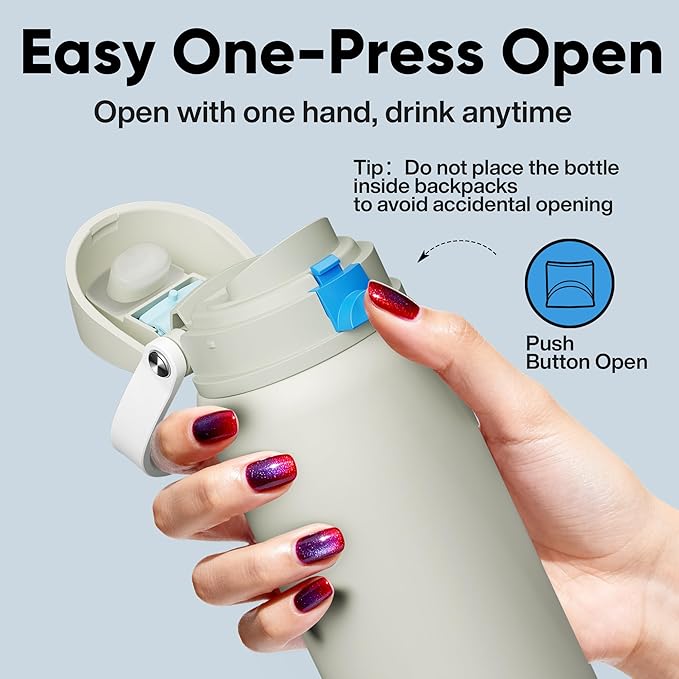 Insulated Water Bottle with Straw - Encool Stainless Steel Water Bottle with Push Button Lid, Leak-Proof & BPA-Free, Keeps Cold for 24 Hours for Sports, Travel, Gym (32 oz, Kangaroo Grey) ENCOOL