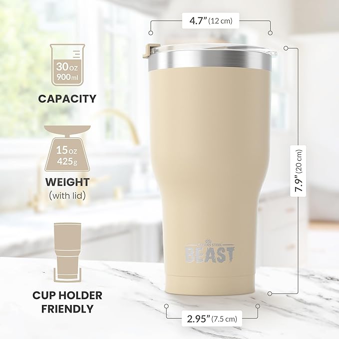 Beast 30 oz Tumbler Stainless Steel Vacuum Insulated Coffee Ice Cup Double Wall Travel Flask (Sand) - Bloomnest