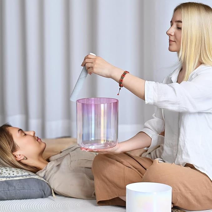 CVNC 440HZ 7 Inch F Note Heart Chakra Pink Purple Color Clear Quartz Crystal Singing Bowl with Carry Case Bag for Sound Healing and Meditation